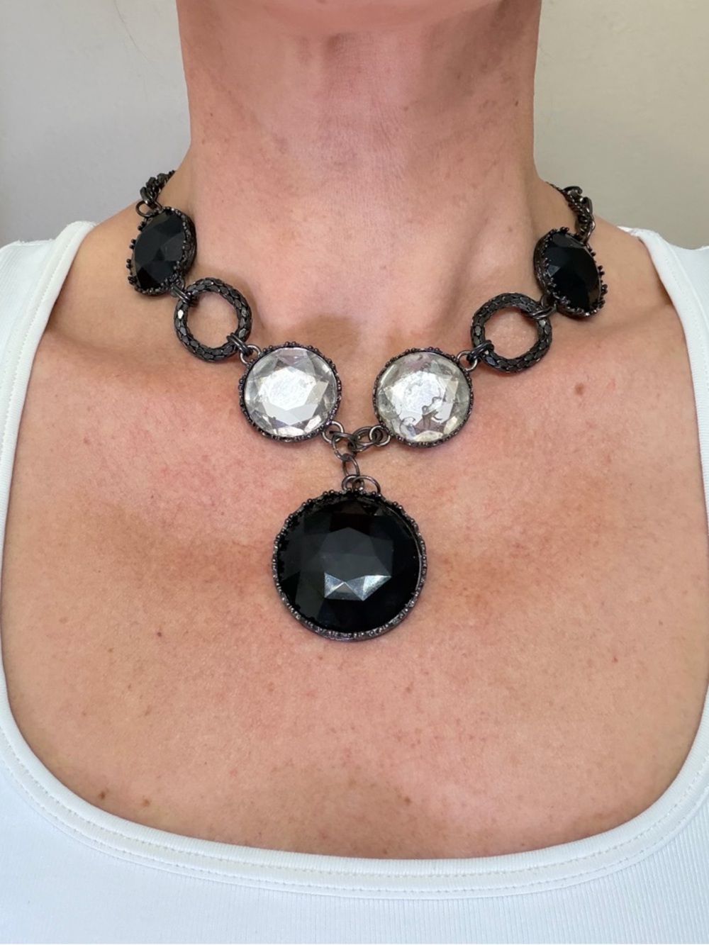 Reversible Statement Necklace Black Crystal Silver Pendant Adjustable